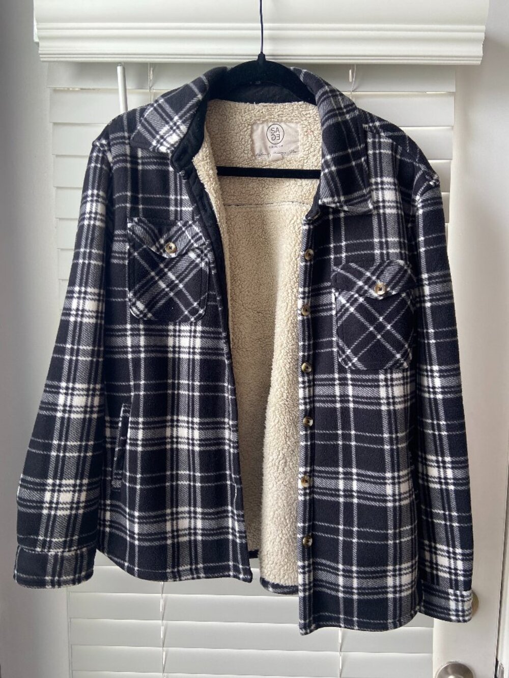 Fuzzy black and white flannel jacket, SAGE Collection